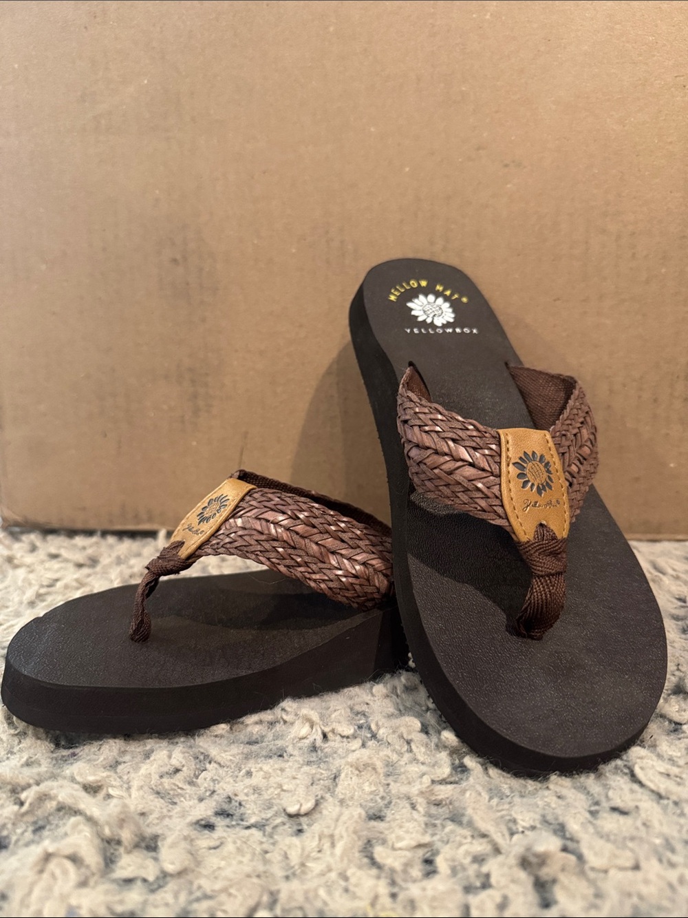 Yellow Box Brown Leather Braided Flip Flop Sandals